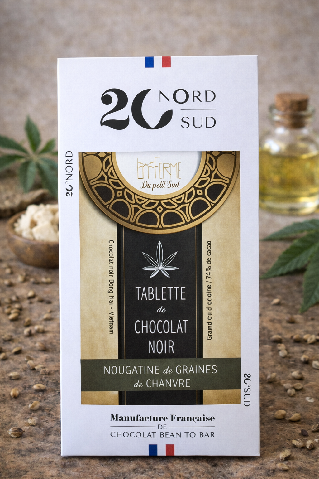 Tablette de Chocolat Noir 74% Nougatine de Graines de Chanvre